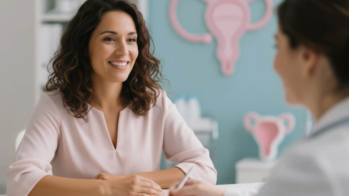 mujer madura sonriendo en consulta ginecológica, símbolo de bienestar y salud íntima femenina