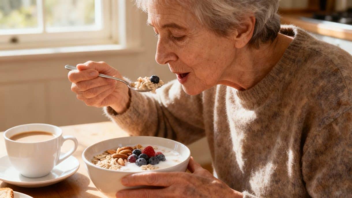 Persona mayor cuidando su alimentación para mantener un intestino y cerebro saludables, en relación con la prevención del Alzheimer