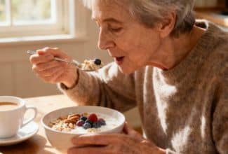 Persona mayor cuidando su alimentación para mantener un intestino y cerebro saludables, en relación con la prevención del Alzheimer