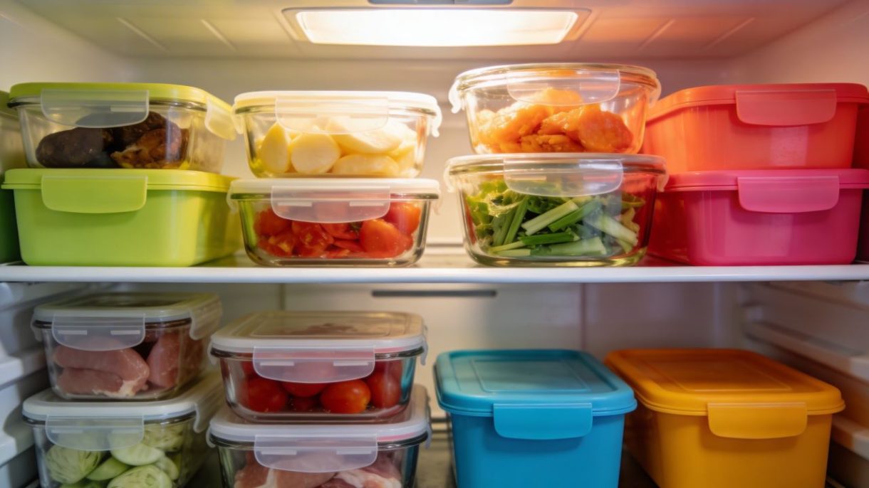 Envases de plástico para alimentos almacenados en refrigerador junto a recipientes de vidrio