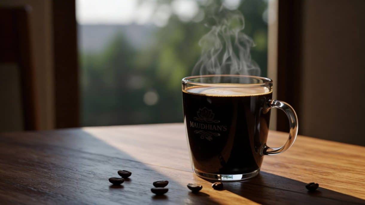 Taza de café humeante sobre una mesa de madera, simbolizando los beneficios del café para la memoria y la salud cerebral.