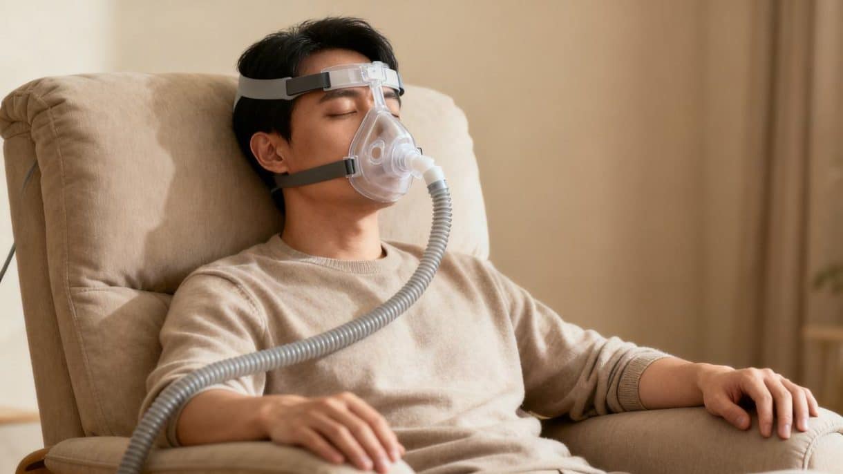 Persona descansando plácidamente en una habitación acogedora mientras utiliza una mascarilla de CPAP, ilustrando el cuidado de la apnea del sueño y el Parkinson.