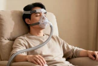 Persona descansando plácidamente en una habitación acogedora mientras utiliza una mascarilla de CPAP, ilustrando el cuidado de la apnea del sueño y el Parkinson.