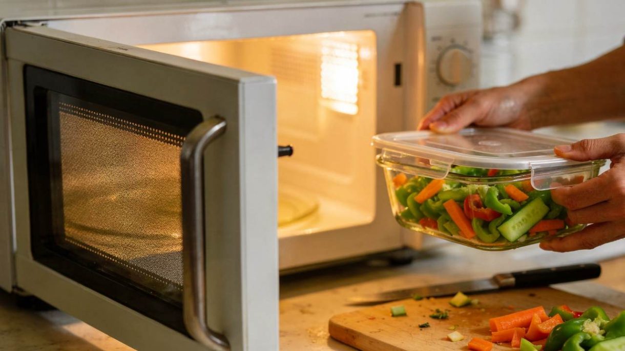 Persona cocinando con microondas usando recipientes seguros y alimentos saludables