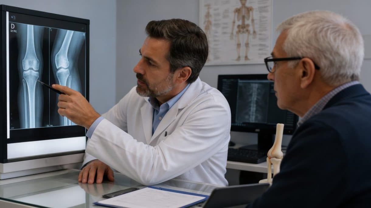 Hombre mayor revisando una radiografía ósea junto a un especialista
