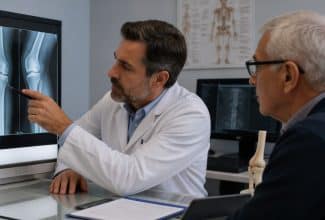 Hombre mayor revisando una radiografía ósea junto a un especialista