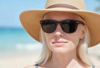 Persona albina utilizando gafas de sol y protección solar para cuidar su piel y visión.