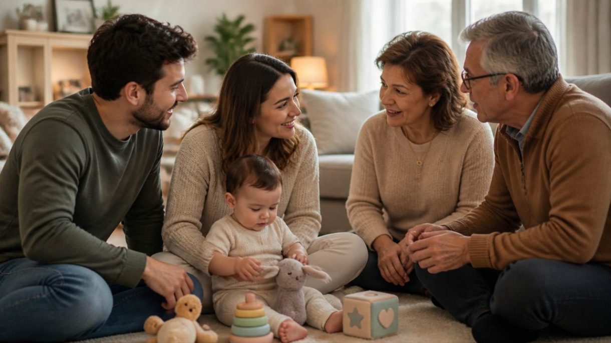 Padres conversan sobre la crianza con los suegros mientras cuidan a su bebé.