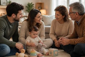 Padres conversan sobre la crianza con los suegros mientras cuidan a su bebé.