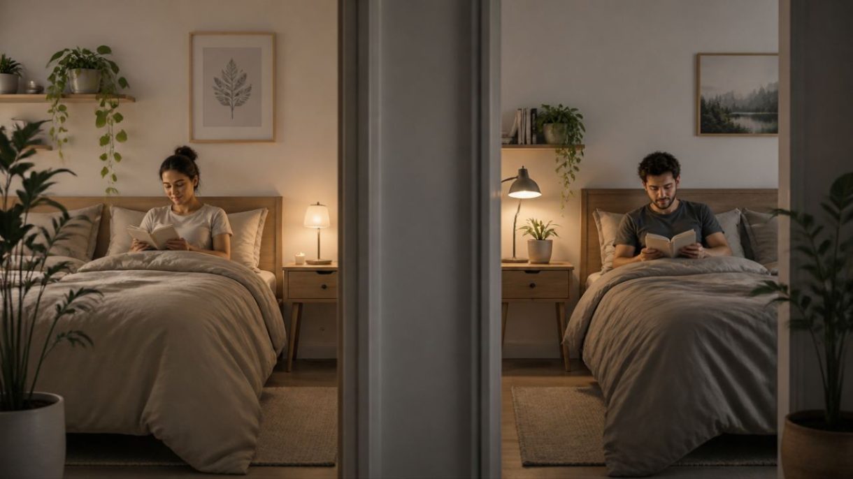 Pareja descansando en habitaciones separadas para mejorar la convivencia.