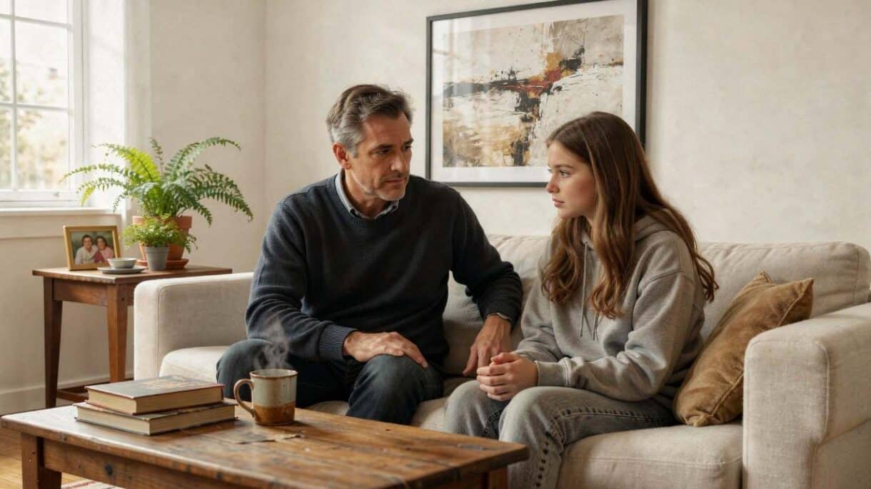 Padre conversando con su hija adolescente sobre su primer novio o novia.