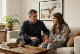 Padre conversando con su hija adolescente sobre su primer novio o novia.