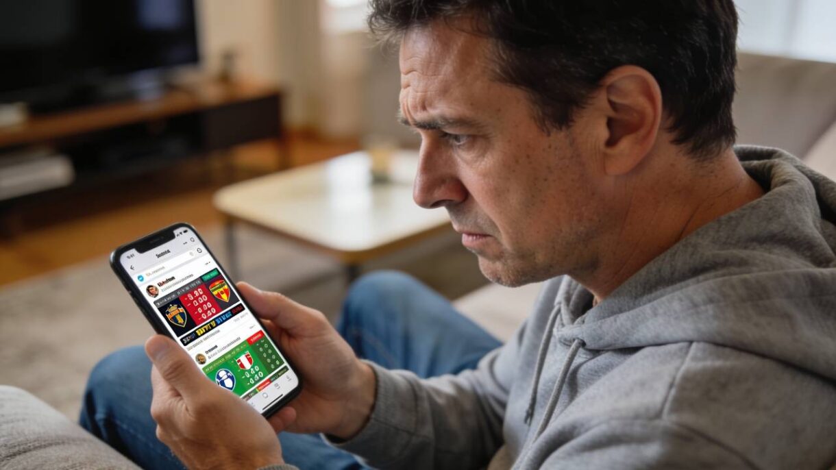 Hombre de mediana edad viendo anuncios de apuestas deportivas en una red social desde su teléfono móvil