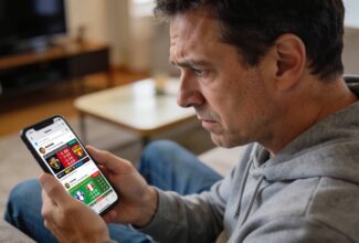 Hombre de mediana edad viendo anuncios de apuestas deportivas en una red social desde su teléfono móvil