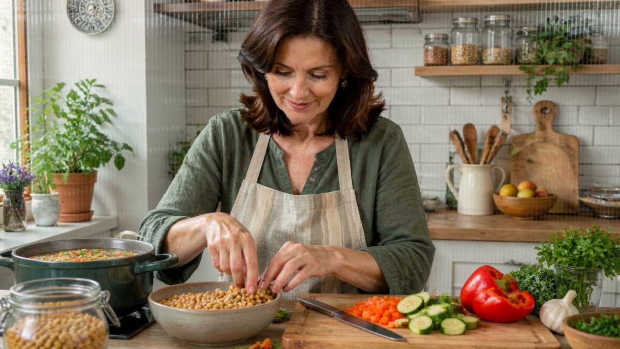 Mujer posmenopáusica preparando una comida con legumbres y alimentos vegetales