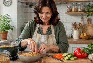 Mujer posmenopáusica preparando una comida con legumbres y alimentos vegetales