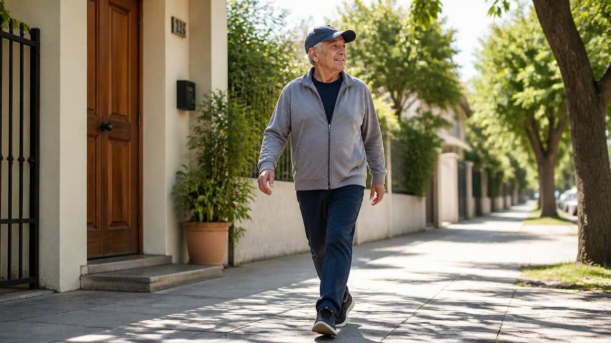 Persona mayor caminando al aire libre tras una noche de descanso para cuidar la salud del corazón