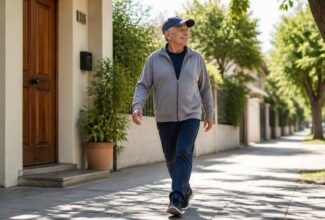 Persona mayor caminando al aire libre tras una noche de descanso para cuidar la salud del corazón