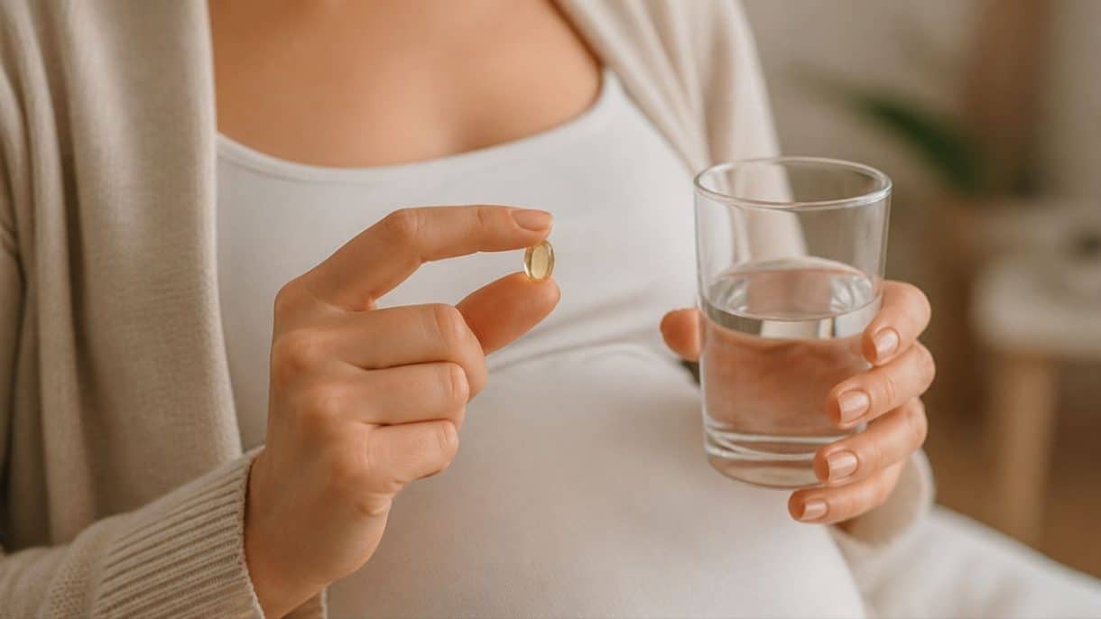 Mujer embarazada tomando un suplemento de vitamina D mientras sostiene su vientre