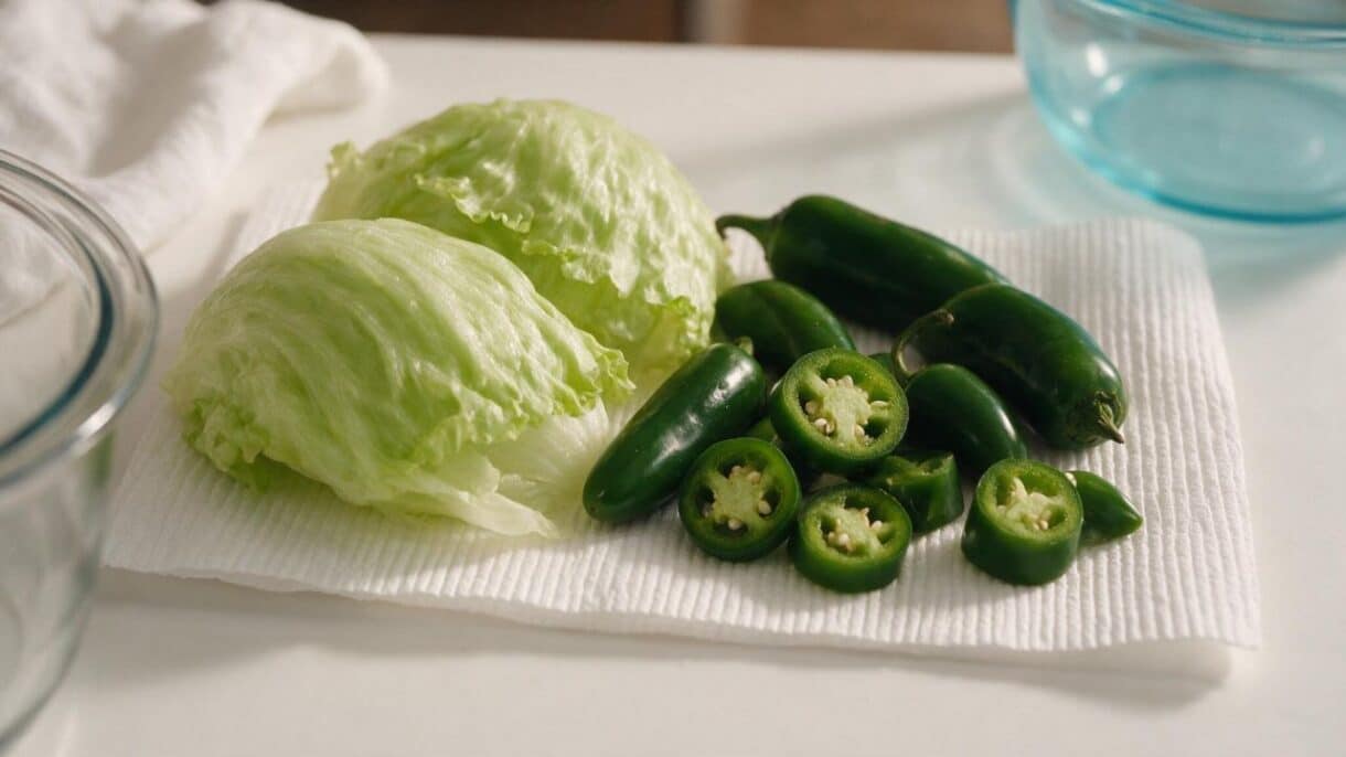 Lechuga y jalapeños frescos preparados sobre una superficie limpia de cocina