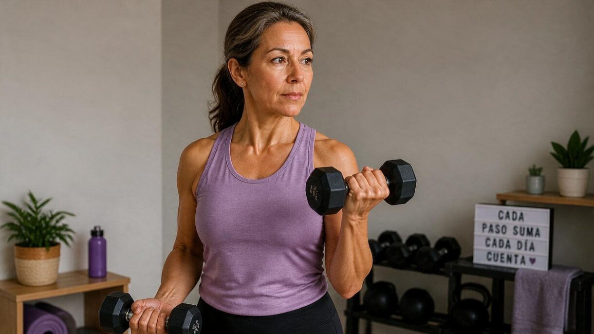 Mujer de mediana edad haciendo ejercicios de fuerza con pesas durante la menopausia.