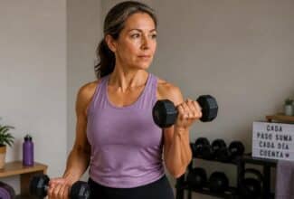 Mujer de mediana edad haciendo ejercicios de fuerza con pesas durante la menopausia.