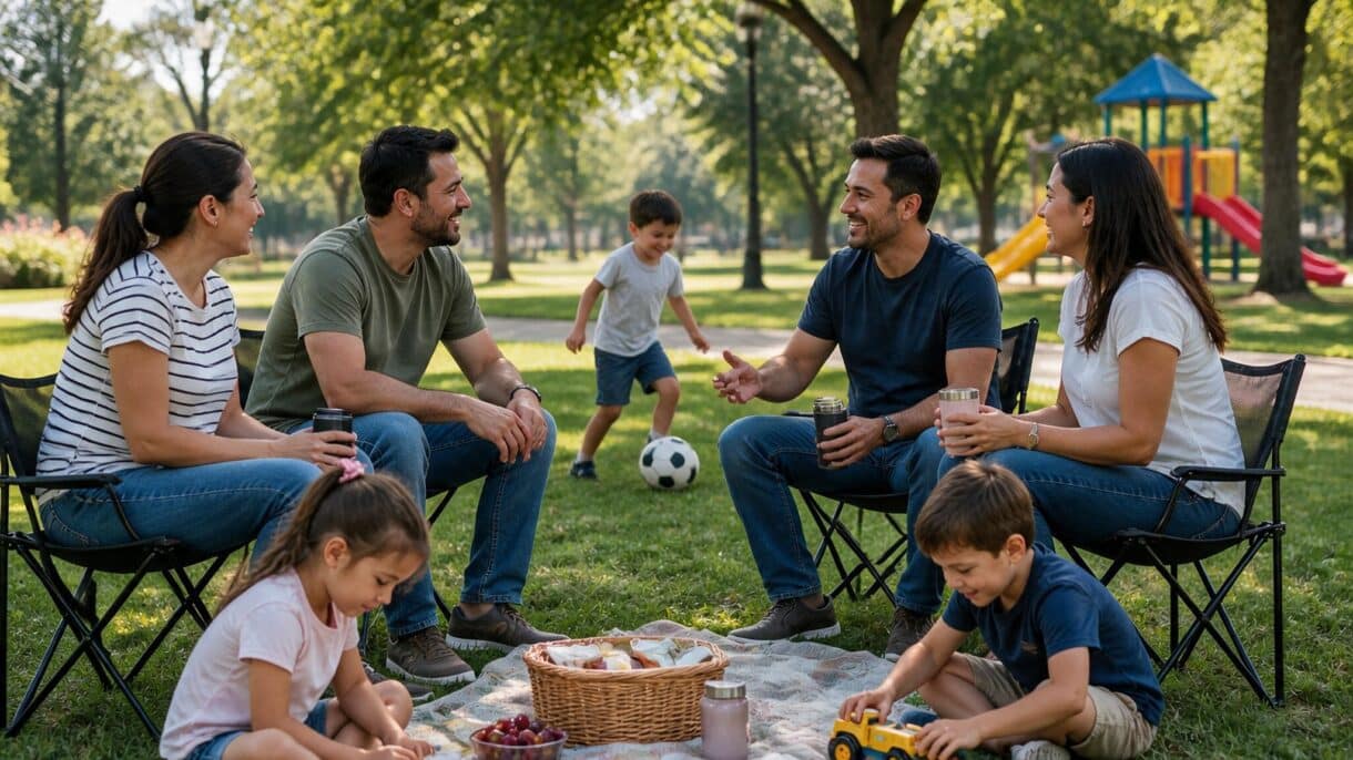 Padres conversando con amigos en un parque mientras comparten con sus hijos.