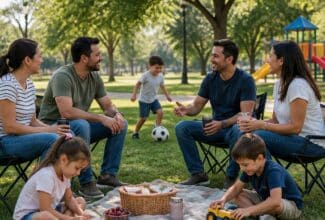 Padres conversando con amigos en un parque mientras comparten con sus hijos.