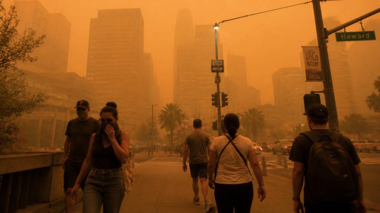 Personas caminando en una ciudad cubierta por humo procedente de incendios forestales