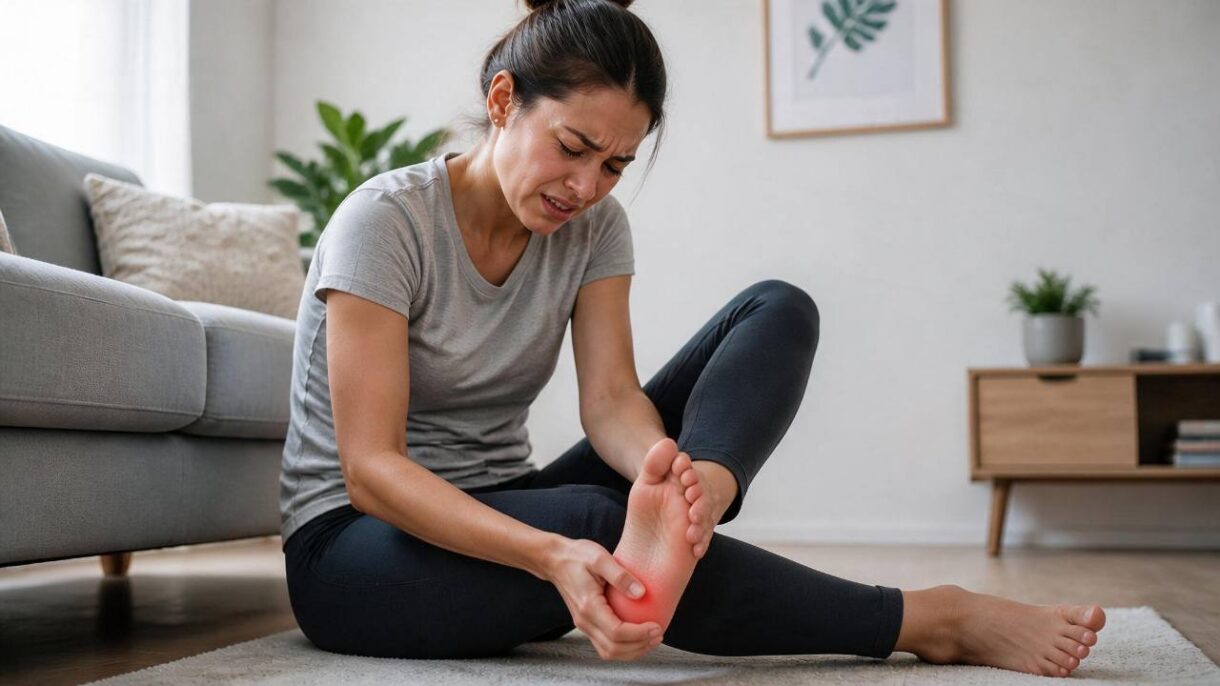 Persona sujetando su talón debido al dolor causado por fascitis plantar.