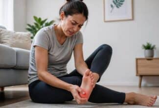 Persona sujetando su talón debido al dolor causado por fascitis plantar.