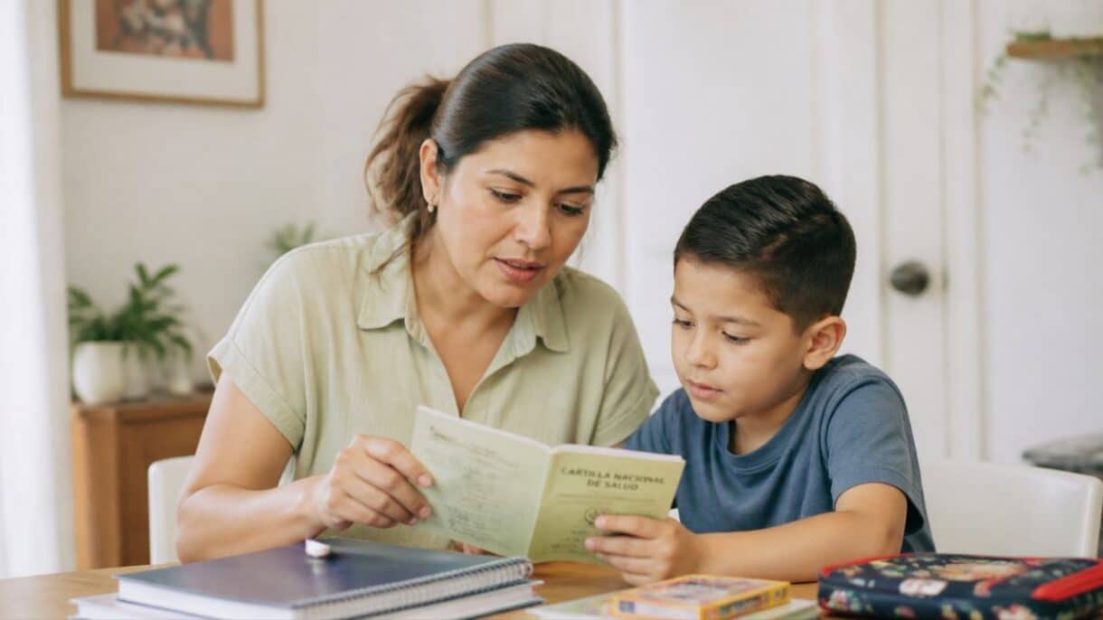 Madre revisando la cartilla de vacunación de su hijo antes del regreso a clases