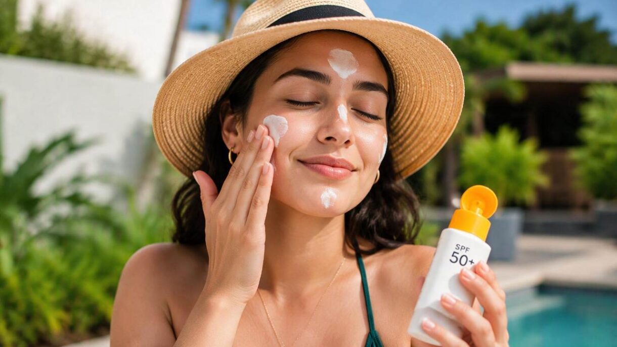 Persona aplicándose protector solar en el rostro antes de tomar sol con seguridad.
