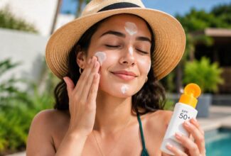 Persona aplicándose protector solar en el rostro antes de tomar sol con seguridad.