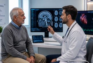 hombre mayor con un profesional sanitario revisando su salud cerebral y cardiovascular