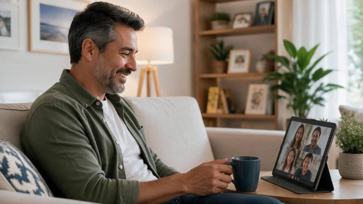 Persona disfrutando de su hogar mientras mantiene contacto con familiares y amigos.