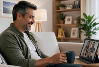 Persona disfrutando de su hogar mientras mantiene contacto con familiares y amigos.