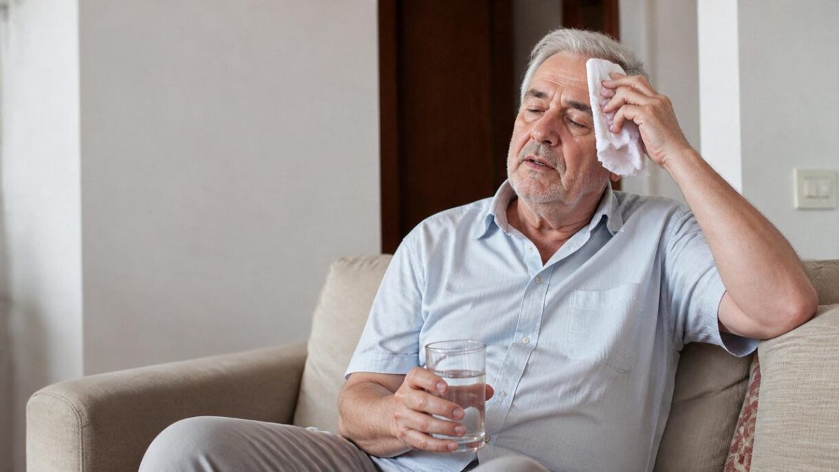 Adulto mayor intentando refrescarse durante un episodio de calor extremo 
