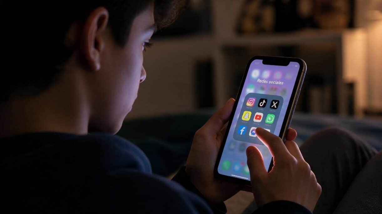 Adolescente mirando el móvil con iconos de redes sociales difuminados
