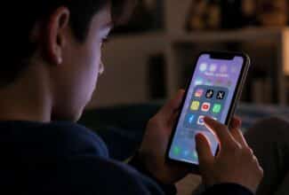 Adolescente mirando el móvil con iconos de redes sociales difuminados