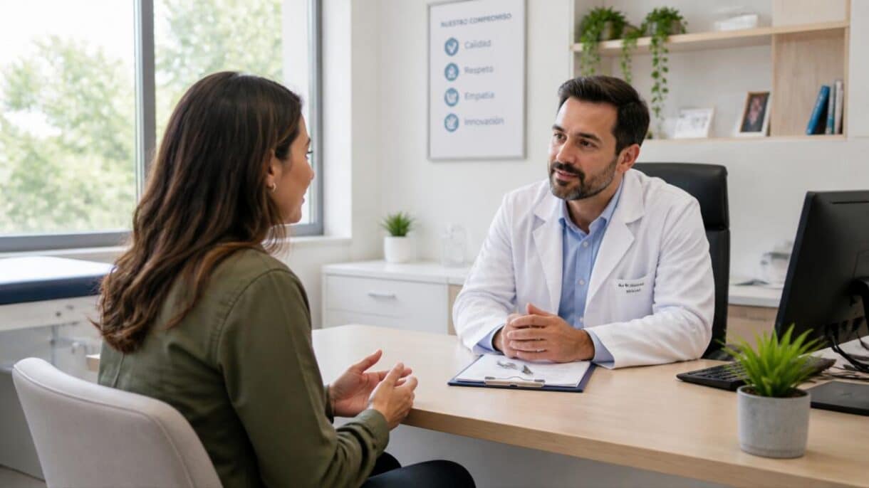 Persona adulta conversando con un profesional de salud durante una consulta