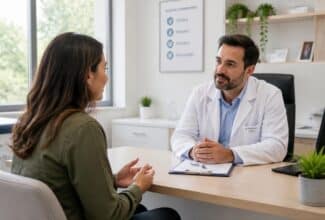 Persona adulta conversando con un profesional de salud durante una consulta