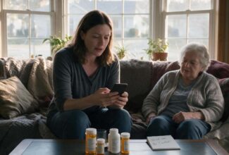 Mujer cuidando a un familiar mayor mientras revisa sus propias citas médicas