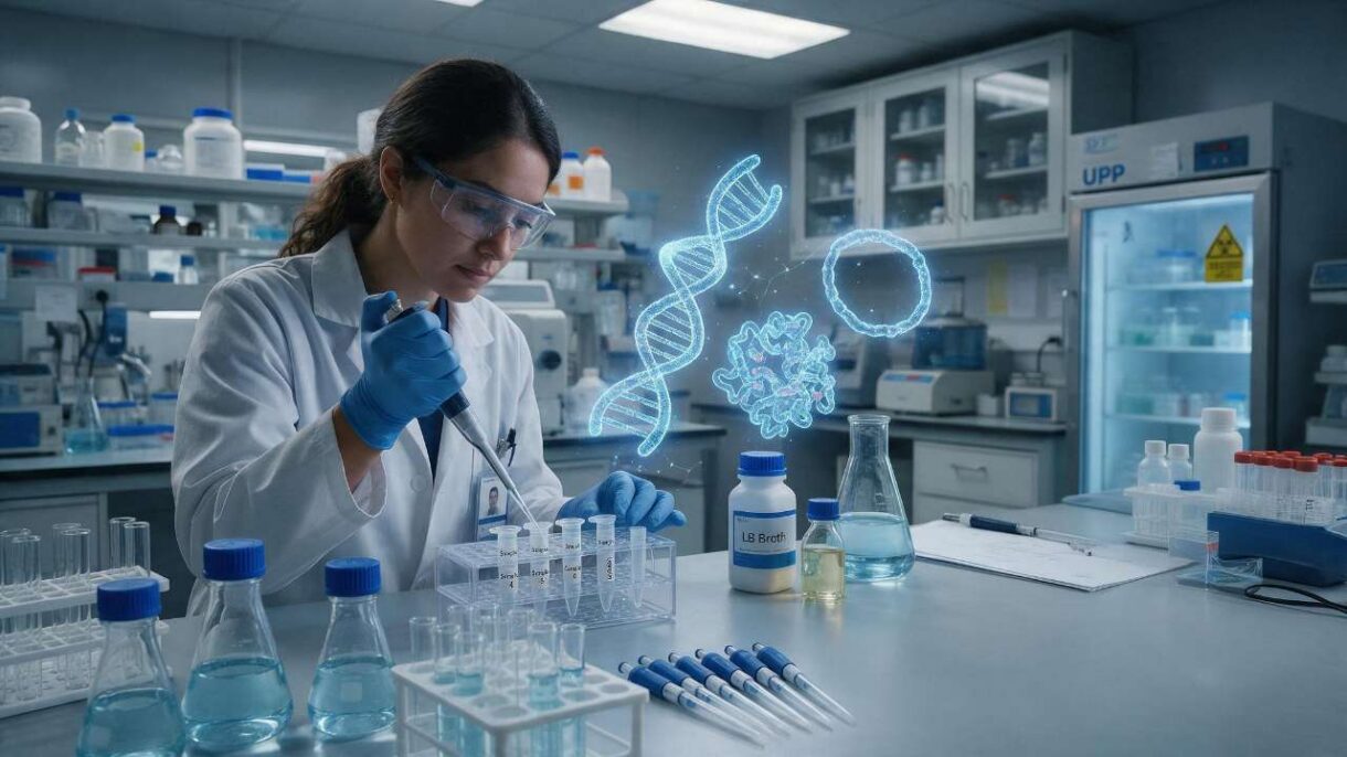 Científica trabajando con moléculas para desarrollar medicina de precisión