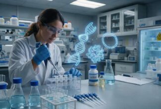 Científica trabajando con moléculas para desarrollar medicina de precisión