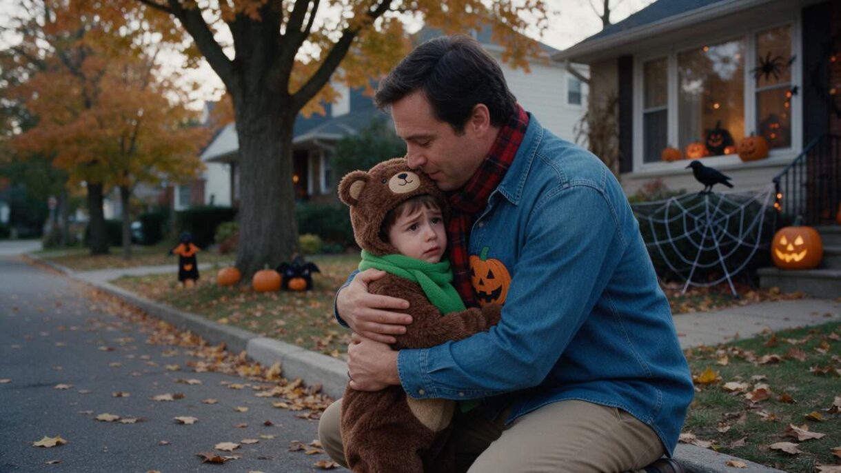 Padre acompañando a un niño asustado durante Halloween