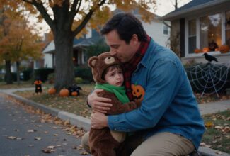Padre acompañando a un niño asustado durante Halloween