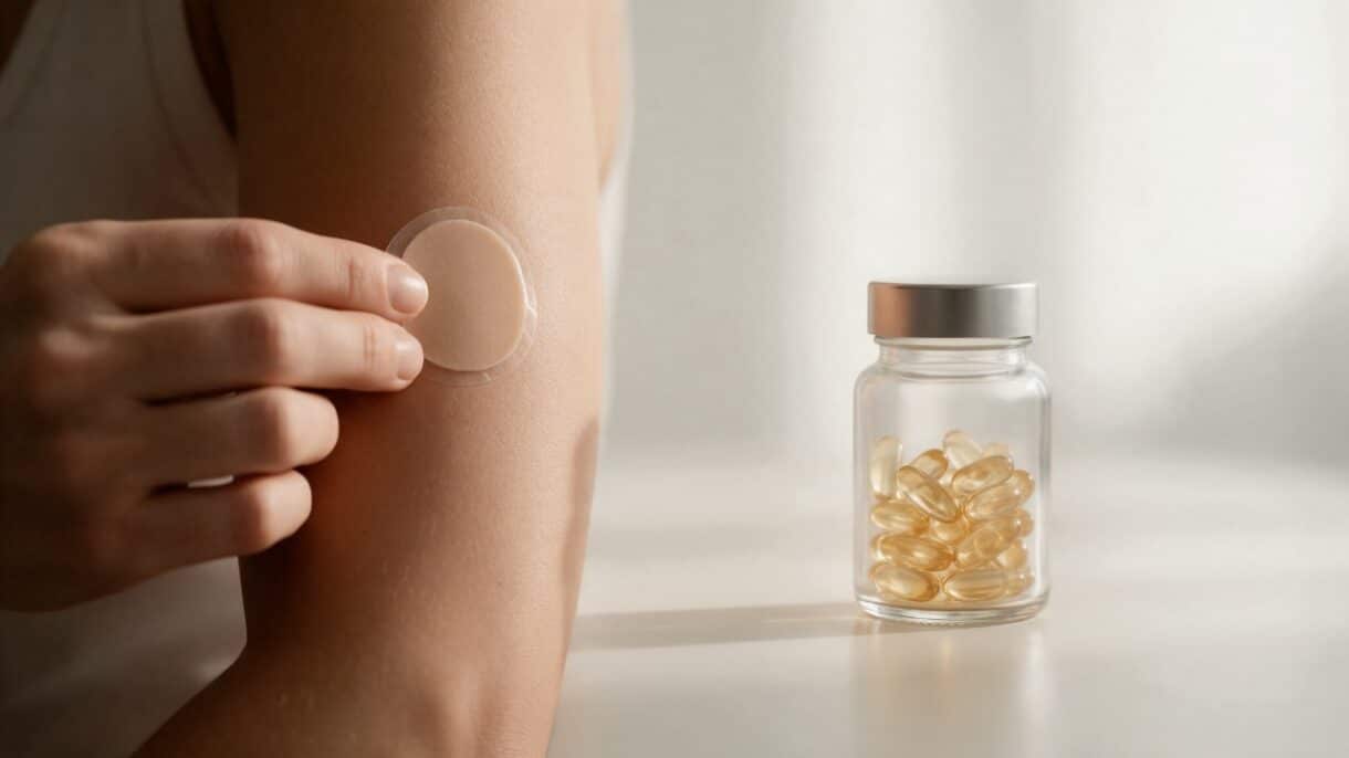 Persona colocando un parche de vitaminas en el brazo junto a suplementos orales.