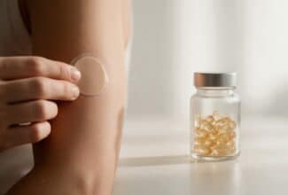 Persona colocando un parche de vitaminas en el brazo junto a suplementos orales.