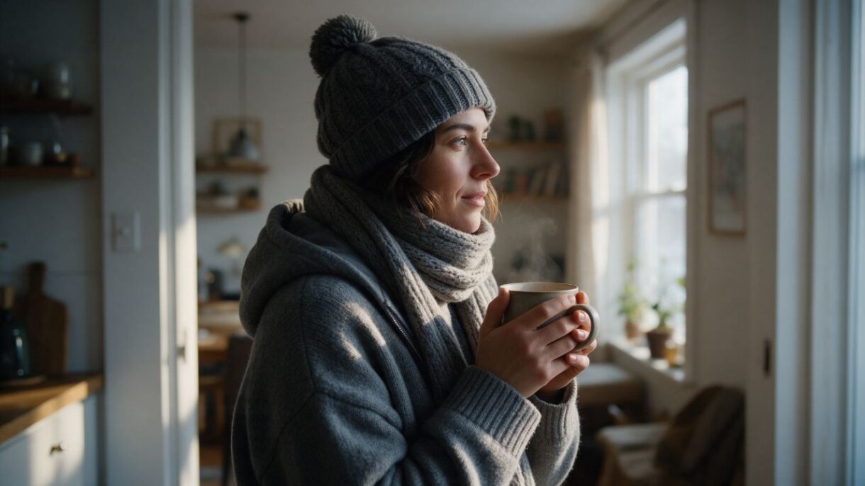 Persona abrigándose antes de salir de casa en un día frío, con ropa de invierno y una taza caliente en las manos.